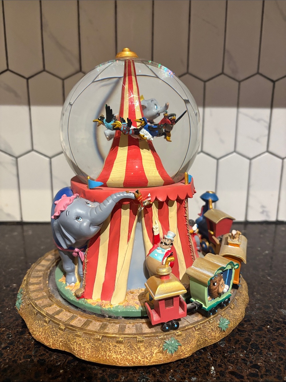 Disney Dumbo Circus Elephant Snow Globe Music Box - Red, Yellow, Gray, Gold,